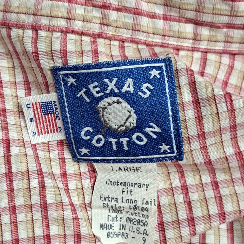 Texas Cotton Button Down Red Tan White Check Large Long Tail Made in USA
